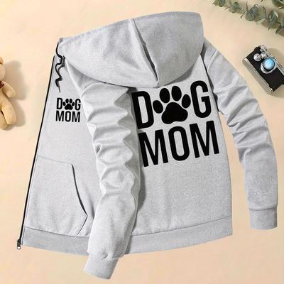 TEMU Dog Mom Print Hoodie Jacket For Men, Casual Fall/, Polyester Knit Fabric, Skinny Fit, Zipper Closure, Pocket Detail, No Lining, Stretch Image