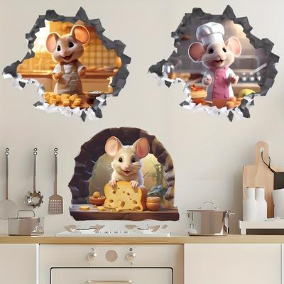 TEMU 3pcs 3d Mouse Kitchen Wall Stickers - Realistic Chef & Baker Mouse Decor For Home, Bedroom, And Hole Effect Design, Plastic Material, Image