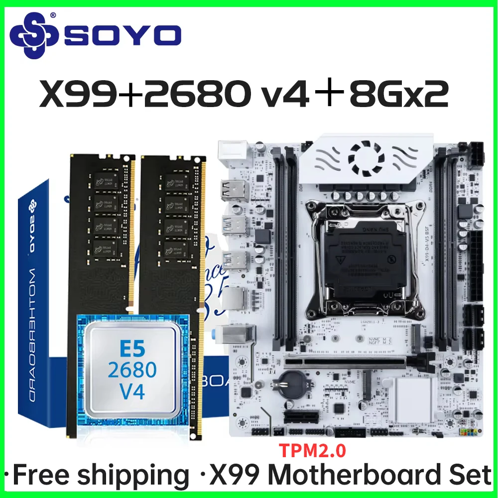 SOYO X99 C612chip Gaming-Motherboard-Set mit Intel Xeon E5 2680 V4 CPU und DDR4 ECC 8Gx2 2133 MHz RAM M.2 NVME für Desktop-PC