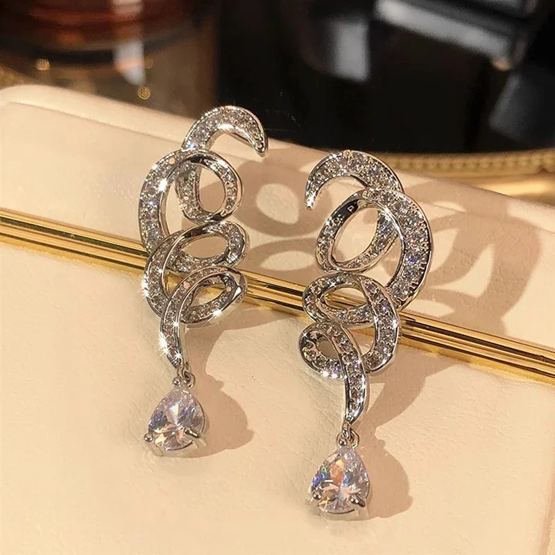 Huitan Trendy Waved Design Long Hanging Earrings for Women Luxury Silver Color CZ Crystal Dangle Earrings Wedding Party Jewelry Image