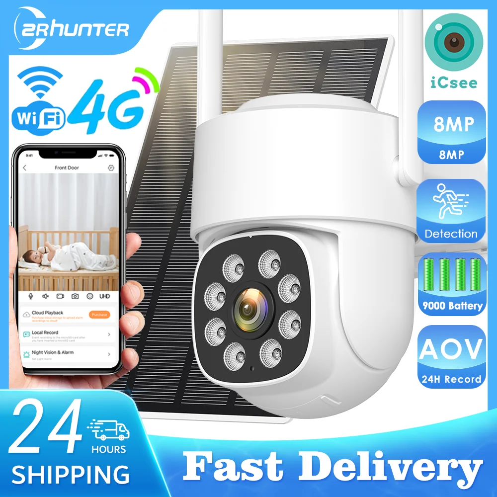 8MP 4G Solar Kamera Wifi Drahtlose Outdoor Kamera 4K HD PTZ IP CCTV Kamera AOV 24 Stunden Aufnahme menschliche Auto Erkennen Track ICSee APP Image
