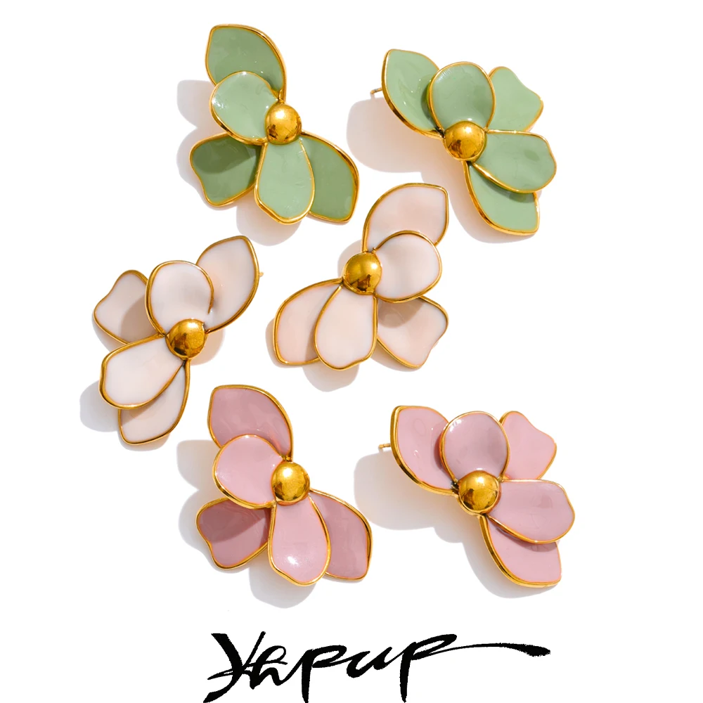 Yhpup Grün Rosa Emaille Blütenblatt Blume Ohrstecker für Frauen Edelstahl Exquisite Frühling Sommer Täglichen Trend Schmuck Image