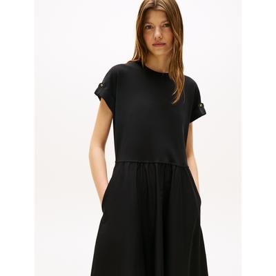 A-Linien-Kleid TOMMY HILFIGER "MODERN CODY MIDI MIX F&F DRS", Damen, Gr. XXL (44), N-Gr, schwarz, Web, Obermaterial: 97% Baumwolle, 3% Elasthan, unifarben, casual, regular fit, Rundhals, Kurzarm, Kleider Image
