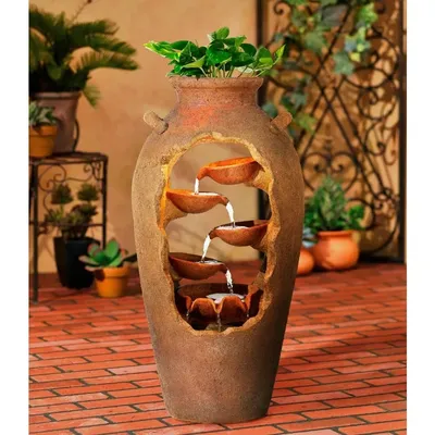Rustic Outdoor Floor Urn Waterfalls Fountain 33" High with LED Light and Planter Decor for Garden