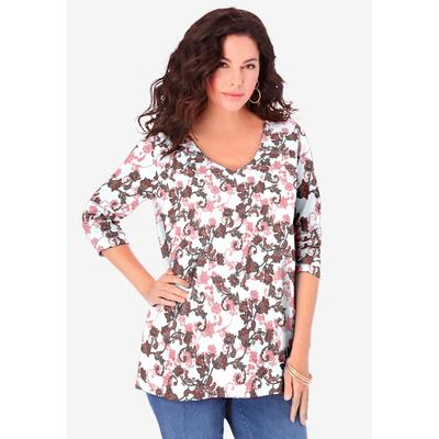 Plus Size Women's Ultimate Long Sleeve V Neck Tee by Roaman's in White Bloom Vine (Size 42/44) Shirt