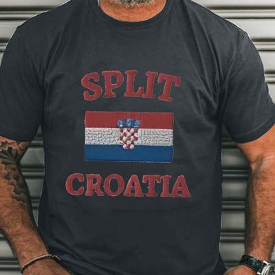 TEMU Men's Croatia Flag Print T-shirt, Casual Crew Neck Short Sleeve Top, 100% Polyester Knit Fabric, Summer Regular Fit Tee For - H Size Image