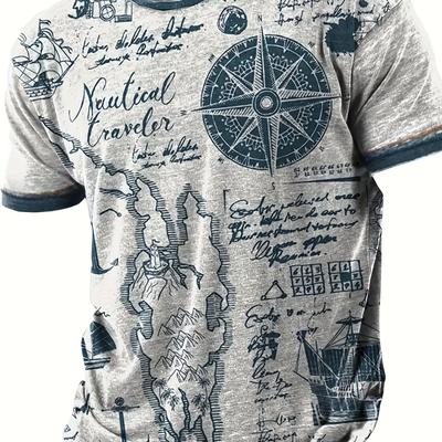 TEMU Men' T Shirt Nautical Map Compass Print T-shirt Summer Short Sleeve Male Tops Casual Geometric Figure Tees Clothing Image