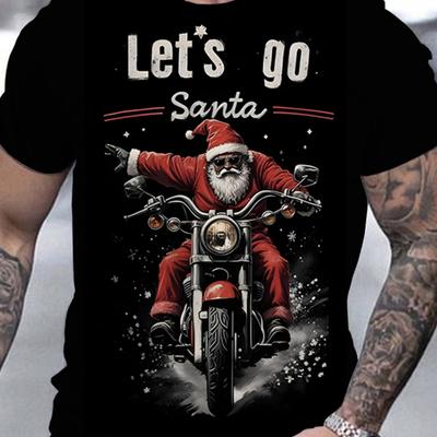 "TEMU Let' Santa" Men's Cotton T-shirt - Comfortable, Casual Short Sleeve With Motorcycle Print, All" Image
