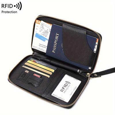 TEMU 1pc Passport Holder With Zipper And Wrist Strap - Brown Pu Travel Wallet, For Credit Cards, Tickets & Id Cards, Multiple Compartments For Image
