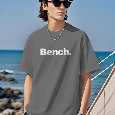 "TEMU Men's Casual Graphic T-shirt With "bench" Print - Regular Fit Round Neck Tee For Casual Attire & Outdoor Activities, Shirt" Image
