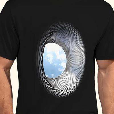 TEMU Mens Unique 3d Optical Illusion Graphic Print T-shirt - Comfortable Short Sleeve, Fashionable And Trendy Casual Wear - Days, Ideal For Outdoor Sports And Activities 220g Image
