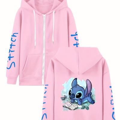 TEMU Stitch Graphic Women's Zippered Hoodie - 2025 , Black With Blue Accents, Double Pockets & Drawstring Hood, Casual Long Sleeve Sweatshirt For All , Everyday , Machine Washable Top Image