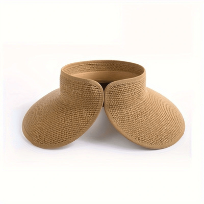 TEMU Of Sun Hat With Wide Brim And Open Top For All - Ponytail Braided Wide Rimmed Sun Grass Summer Beach Hat Foldable And - Fashionable, High-end, Light Luxury, 3 Colors Image