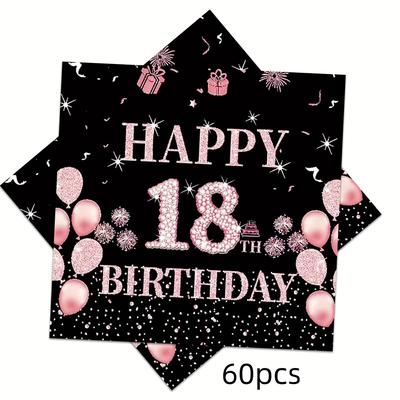 TEMU 60pcs 18th Birthday Party Napkins, Rose 2-ply Paper Napkins, Elegant Adult Celebration Decorations For Anniversary Gathering, Birthday Party Decoration Image