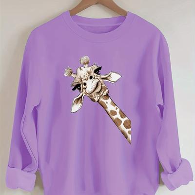 TEMU Plus Size Cartoon Giraffe Print Sweatshirt, Casual Long Sleeve Crew Neck Pullover, Polyester Geometric-pattern Stretch Fabric, Women's Oversized Clothing For Fall/winter Image
