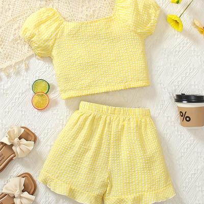 TEMU 2pcs Yellow Gingham Shorts And Top Set For Girls - Casual Beachwear With Ruffle Detail, Short Sleeve Blouse And Shorts, Spring And Summer, Beach Attire||ruffle Hem, For Outdoor Image