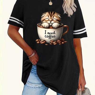 "TEMU Women's Plus Size Casual T-shirt With Funny "i " Cat In Mug Print, Short Sleeve, Round Neck, Ribbed Detail, 1-8xl, Ladies T Shirts" Image