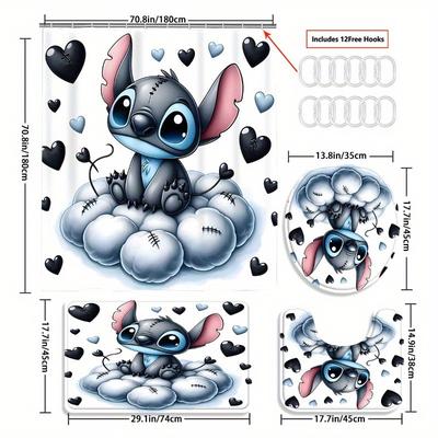 TEMU 1pc/4pcs Stitch Shower Curtain Set With 12 Hooks, Non-slip Bath Mat, U-shaped Toilet Seat Cover - High-quality Polyester Fabric, Modern Bathroom Decor, Cute Cartoon Design With Hearts And Clouds Image