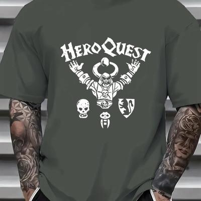 TEMU Men's Casual Graphic T-shirt - With Skull & Warrior Art, Navy Blue Short Sleeve Round Neck Tee, Breathable Summer Shirt, Machine Washable, Breathable Tshirt | Fantasy Apparel | Clothing Image