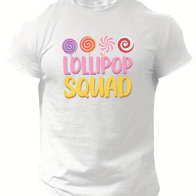 "TEMU Men's "lollipop Squad" Graphic T-shirt - Casual Polyester Short-sleeve Crewneck, Candy Print, Summer Wear" Image