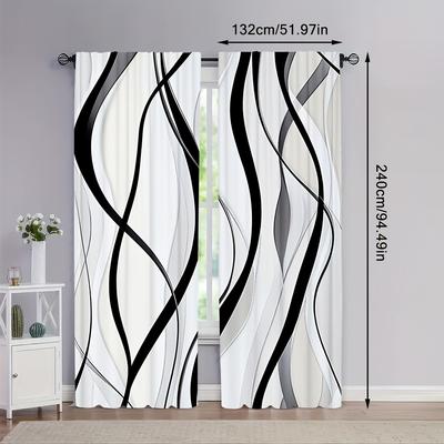TEMU 2pcs 2d Flat Printing Striped Line Printed Curtains Design Durable, And Room Decoration Essential For Natural To Your Living Room Or Dining Room (without Rod)(not -layer Curtains) Image