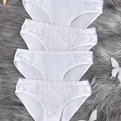 TEMU 4pcs Women's Ribbed White Lace Trim Briefs - Soft Breathable Underwear, Minimalist Elegant Design For Everyday & Wear, Lace Panties, Sophisticated Underwear, Material, Easycare Fabric Image