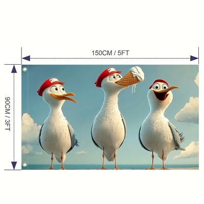 TEMU 1pc Seagull Trio Square Flag - 100% Polyester, Vibrant Animated Seagull Design With Red Hats & Ice Cones, Indoor & Outdoor Home And Garden Decoration Image