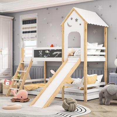 TEMU Ycz Kids' Cabin Bed With Slide, 90 X 200 Cm, Solid Wood Bunk Beds With High , Single Bed With Blackboard, Mezzanine Bed In Wood Pqrs