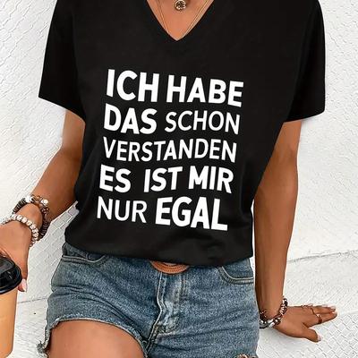 TEMU Women's Casual Short Sleeve V-neck T-shirt With German Text Graphic Print - 100% Polyester, Lightweight 180gsm, Machine Washable, Versatile Top, Easycare Clothing | Relaxed Fit | Polyester Fabric Image