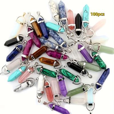 TEMU 100pcs Multicolor Crystal Pendants Bulk Hexagonal, Stone Pendant Necklace Quartz Bullet Shape Stone Pendant, Making Pendant Image