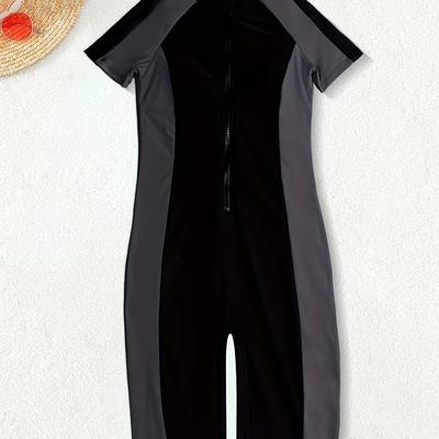 TEMU Women's Conservative One-piece Swimsuit - High Elasticity Solid Color Black With Contrast Straps, Machine Washable Round Neck Swimwear For Outdoor Swimming & Water Sports, Ladies Swimsuits, Image