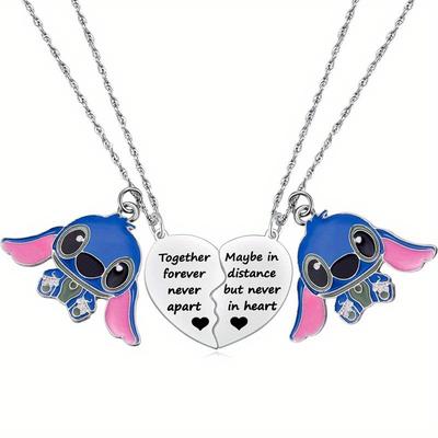"TEMU Stitch & Best Friend Necklace - Matching Heart Pendant Set For 2, Titanium Steel & Alloy, Friendship Jewelry With "" , Bff Gifts For" Image