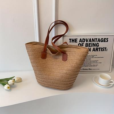 TEMU New Solid Color Beach Tote Bag For Vacation, Large Capacity Straw Bag, And Camping Shoulder Bag For Spring And Summer. Image