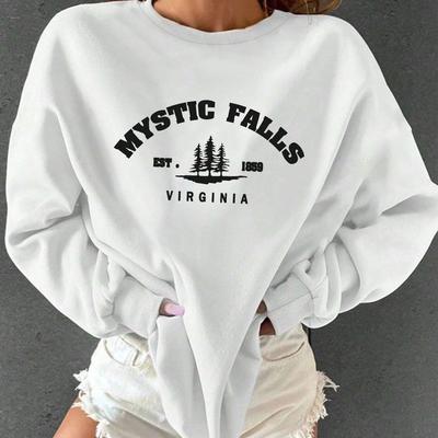 "TEMU Women's Casual Round Neck Sweatshirt, " Falls " Letter Print, Knitted Polyester Pullover, Fashion Hoodie For Fall/winter" Image