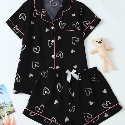 TEMU Women' Heart Print Shorts And Sleeveless Top Pajama Set - Casual, Polyester Blend, , Relaxation, Relaxation Wear | Print Top | Stretchy Fabric Image