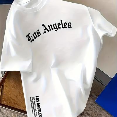 TEMU Men's Los Angeles Graphic Tee - Casual Crew Neck, Short Sleeve, Stretch Polyester Blend T-shirt, Summer Sporty Style, Beige With Print, Summer Casual Wear | Crew Neck Shirt | Shirt Image