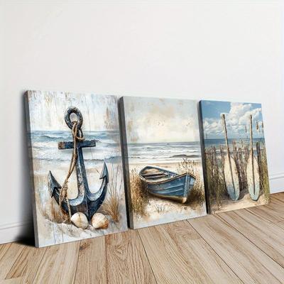 TEMU Wood Framed 3pcs Canvas Poster Wall Art Ready To Hang Fantasy Anchor And Boat Canvas Art Set Suitable For Kitchen Bedroom Bathroom Office Decoration Image