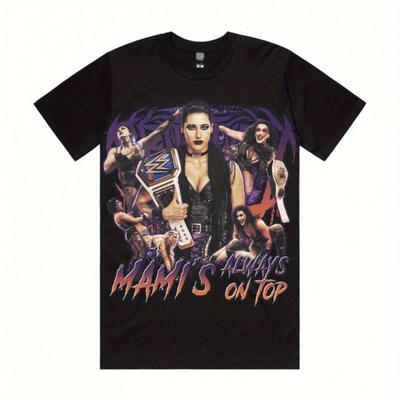 "TEMU Men' Graphic T-shirt With "mami's On Top" Wrestling Design - Round Neck Short Sleeve Tee For Summer Outdoor Casual Wear, Sports Fan Apparel, Dynamic Print Shirt, Nontransparent Material" Image