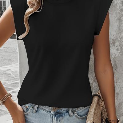 TEMU Women's Casual Short Sleeve Round Neck T-shirt - Fiber Fabric, Solid Color, Machine Washable, Spring Summer Fall Essential, Seasonal Fashion, Simple Elegant Style, Smooth Texture Image