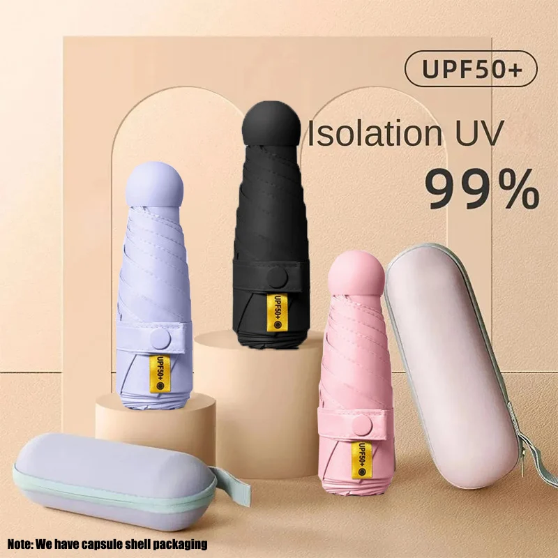 Einfarbiger Kapselschirm, tragbarer Mini-Sonnenschutz, Sonnenschutz, Regenschirm, schwarzer Gummilegierungsgriff, faltbar, Sonne, Regen, doppelter Verwendungszweck Image