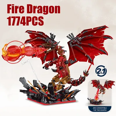 1774PCS Feuer Drache Bausteine Modell Kreative Ornamente Magie Riesen Drachen Mit Licht Kleine Image