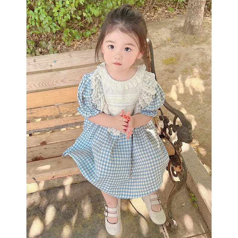 Baby Mädchen Kleid Spitze Kragen Sommer Kinder Kleidung Kleid Grid Kleid Neue Kinder Baby Mädchen Süße Nette Prinzessin Kinder Kleidung Kleid Image
