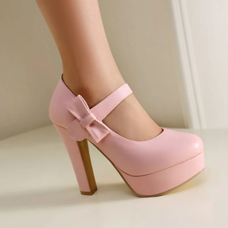 Sexy Mary Janes-Pumps, runde Zehen, Blockabsätze, 12 cm Plattform, 3,5 cm Schleife, Übergröße, 46 47 48, modische Dating-Party-Schuhe