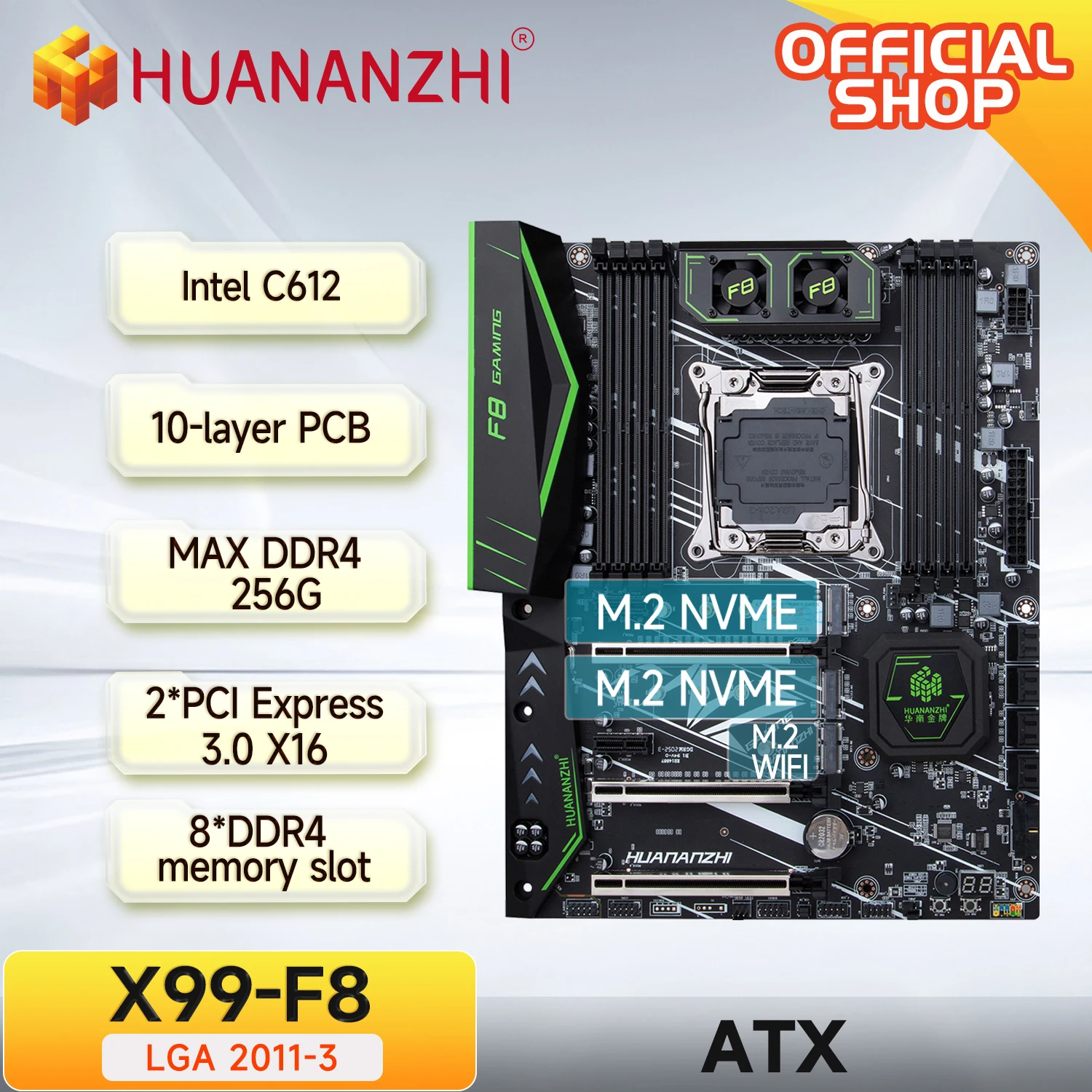 HUANANZHI X99 F8 LGA 2011-3 XEON X99 Motherboard unterstützt Intel E5 2640 2666 2670 2678 2696 v3 v4 DDR4 RECC NONECC Speicher NVME RU Image