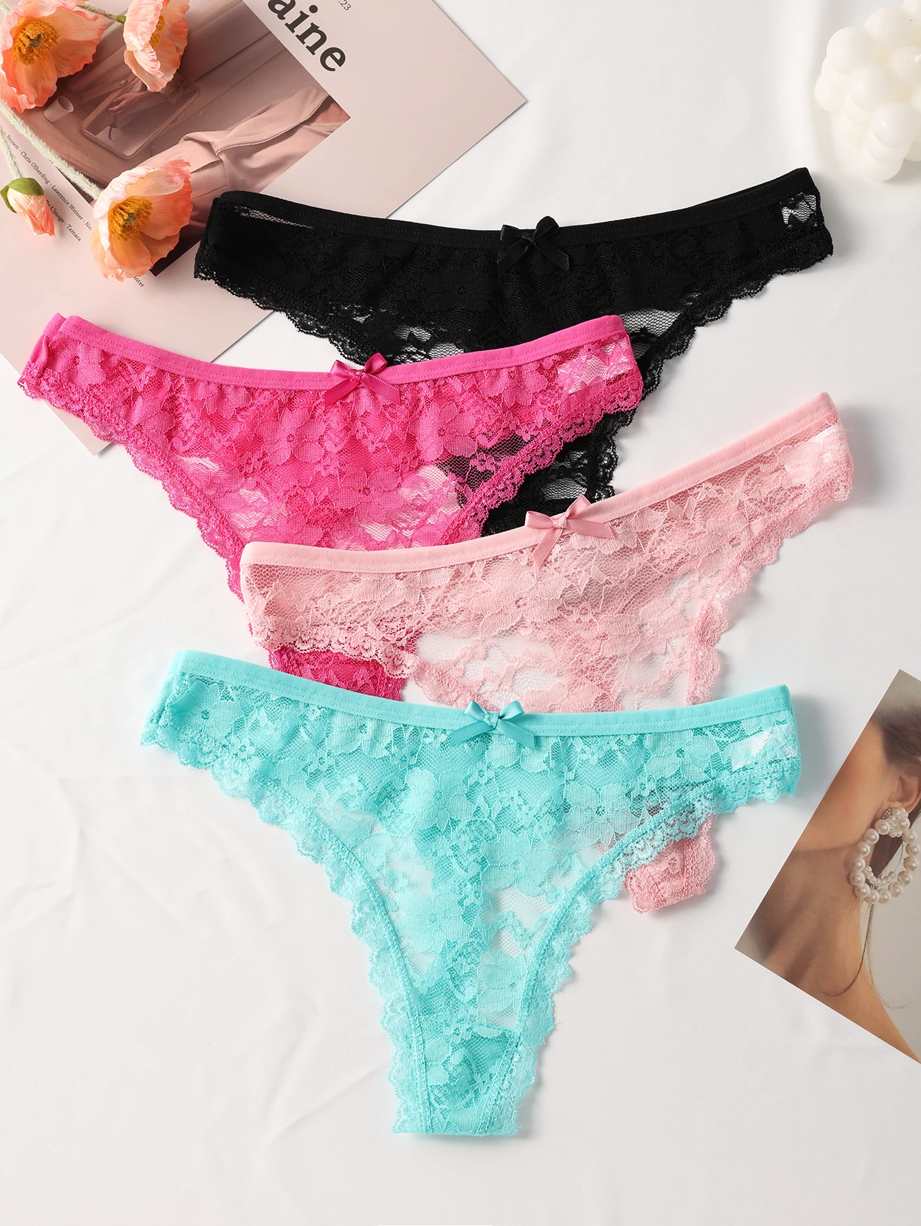 4 Stück Damen-Spitzen-Tanga-Unterwäsche mit niedriger Taille, sexy, weich, bequem, atmungsaktiv, transparent, Dreieckshöschen, Alltags-Slip, XS-XL Image