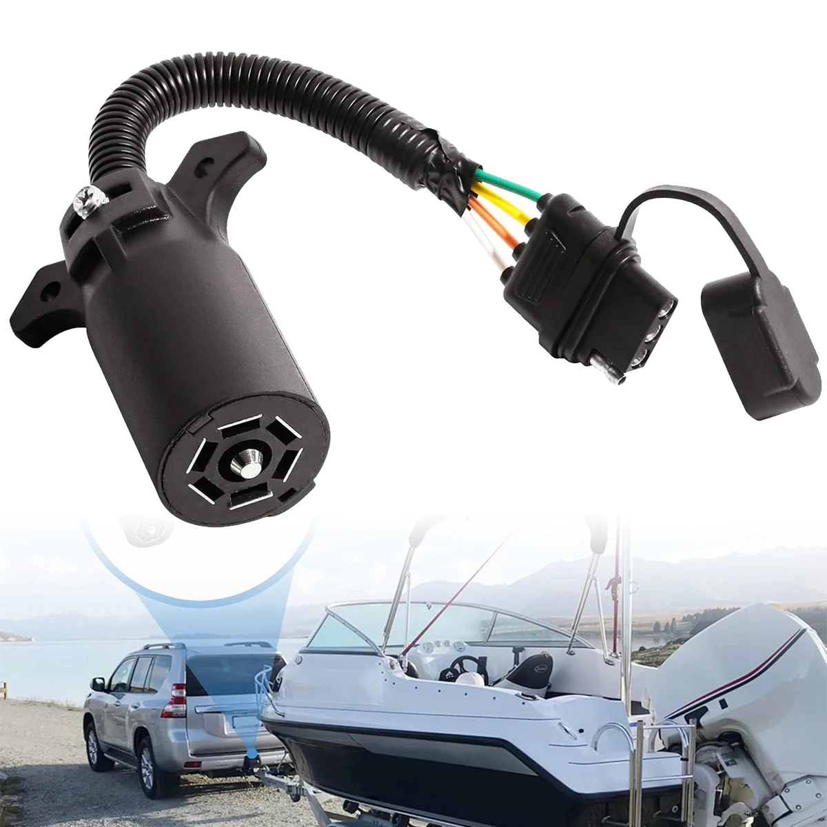 Anhängerstecker-Adapter, 7-polig auf 4-polig mit wasserdichter Kappe, 7-poliger runder Stecker mit Klingenanschluss, wandelt in 4-polige flache Buchse um Image