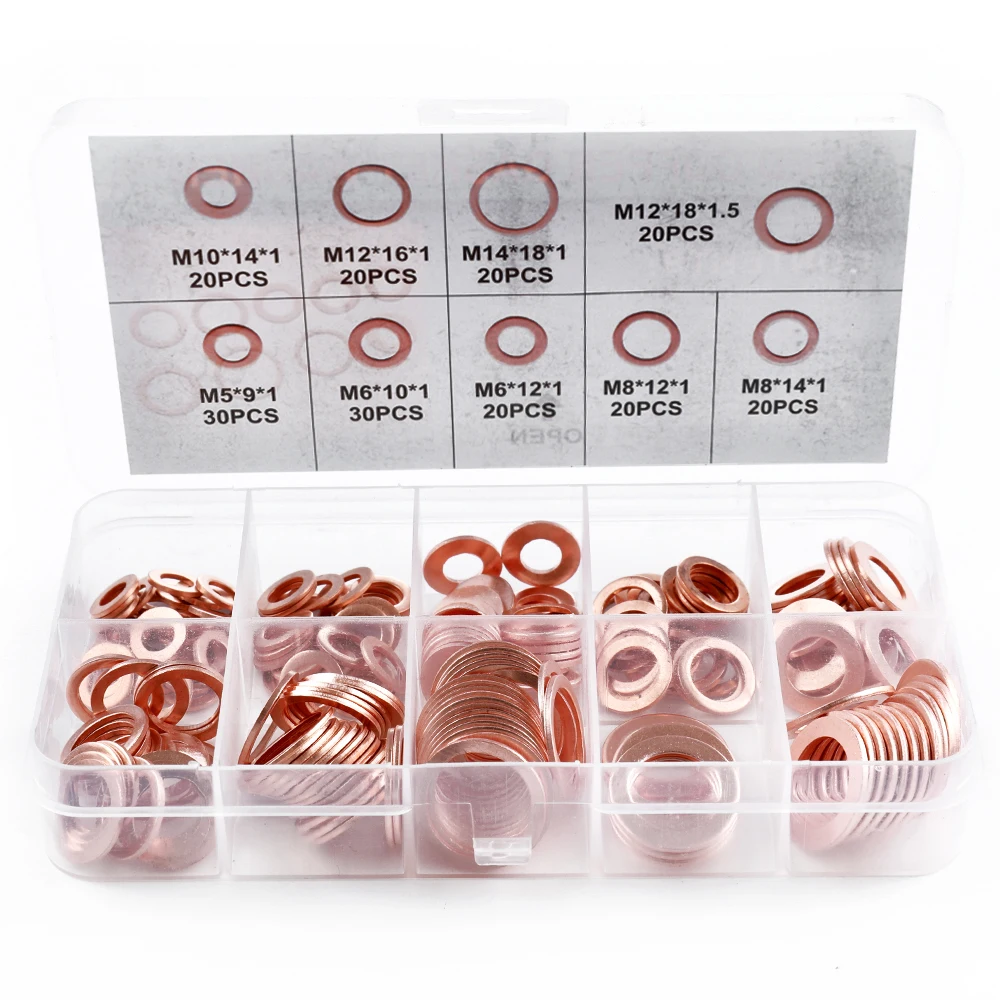 200-teiliges Kupfer-Unterlegscheiben-Dichtungs-Flachring-Dichtungs-Sortiment-Set M4 M5 M6 M8 M10 M12 M14 für Sumpfstopfen Image