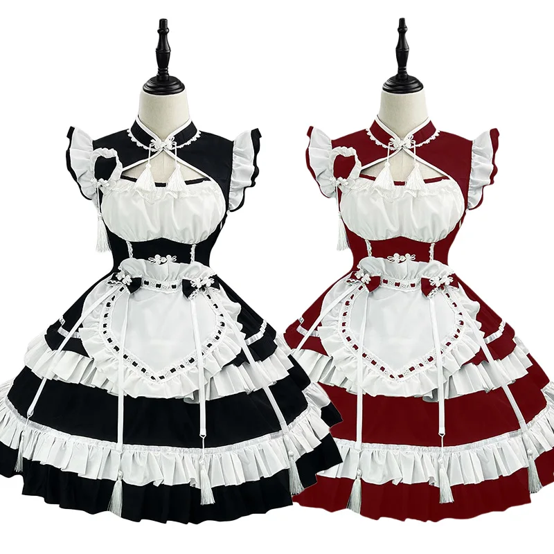S -5XL Lolita Mädchen Maid Outfit Cosplay Kostüm Schwarz Rot Frauen Schürze Kleid Kellnerin Kleidung Party Kostüme Image