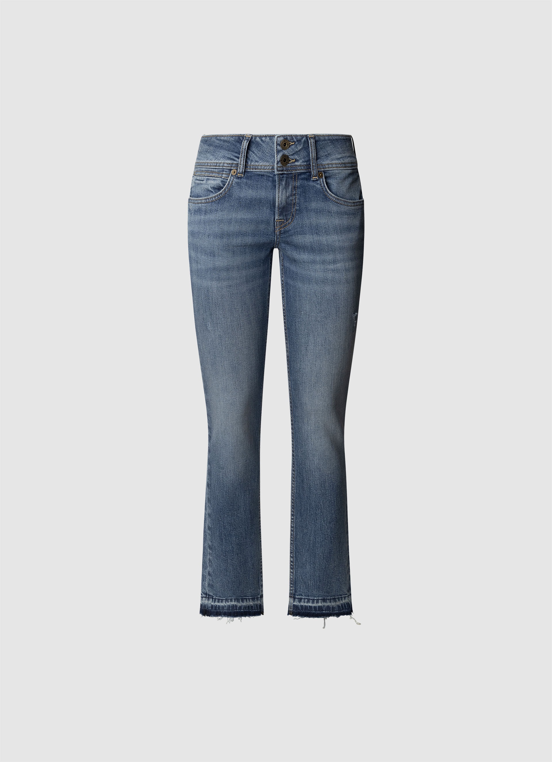 Slim-fit-Jeans PEPE JEANS "SLIM JEANS LW", Damen, Gr. 32, Länge 30, blau (light destroyed blau), Denim/Jeans, Obermaterial: 99% Baumwolle, 1% Elasthan, Destroyed-Effekte, slim fit lang, Jeans Slim-fit-Jeans, mit doppeltem Knopfverschluss