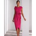 Elegante Column Cocktailkleider Formelle Hochzeitsgäste Knöchellänge Kurzarm Rundhalsausschnitt Stretch-Crepe Schulterblume